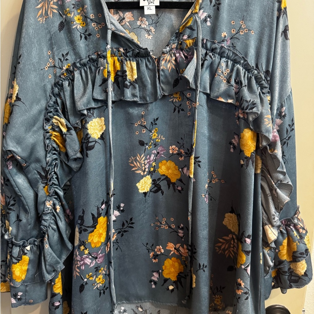 ivy jane Slate Blue Floral Ruffle Tie-Neck Blouse
